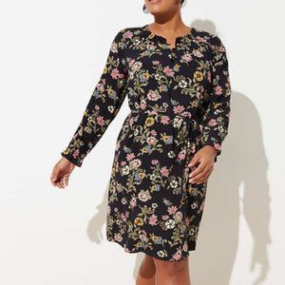 LOFT Plus Black Floral Long Sleeve Belted Dress 16